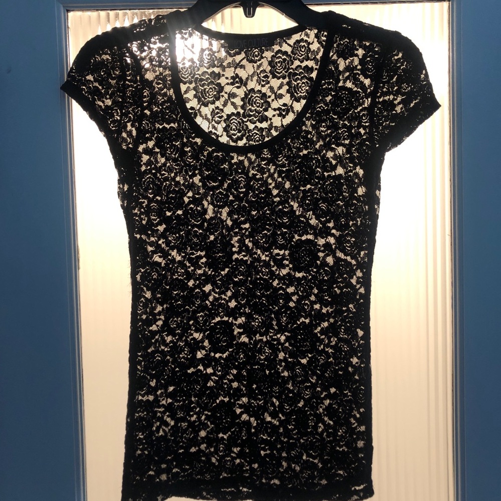 🌸love Culture Black sheer lace tee. size small.
